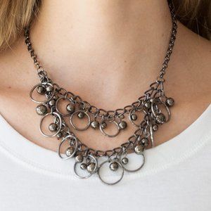 Paparazzi Warning Bells Black Gunmetal Necklace and Earring Set